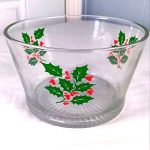 Vintage Indiana Glass Christmas Holly Berries Glass Serving Bowl Ice Candy Dish
